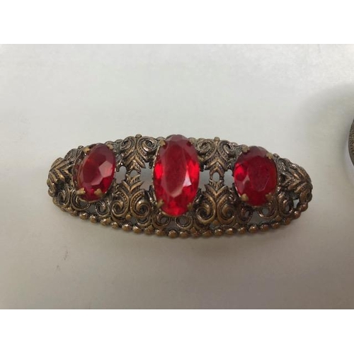 54 - Costume jewellery collection to include Antique pierced brass bangle and brooch set with matching re... 