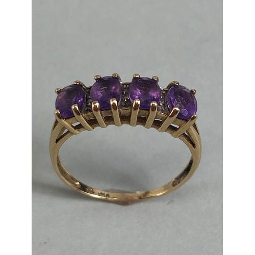 73 - 9ct gold ring set with 4 oval cut amethyst and 3 diamonds, approximately size P and 2g