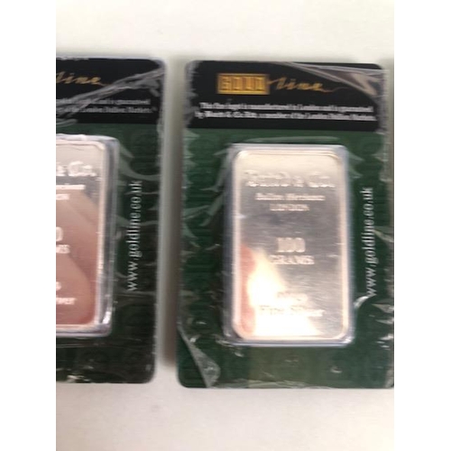 74 - Silver ingots, three Baird and Co 100 gram 999.9 fine silver bars in sealed packaging