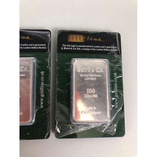 74 - Silver ingots, three Baird and Co 100 gram 999.9 fine silver bars in sealed packaging