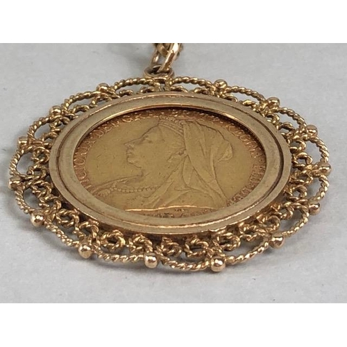 8 - Victorian full gold sovereign,1896, in a 9ct gold filagree mount, with chain (approximate weight of ... 