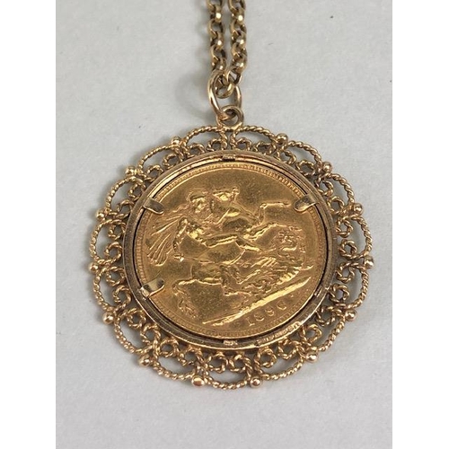 8 - Victorian full gold sovereign,1896, in a 9ct gold filagree mount, with chain (approximate weight of ... 