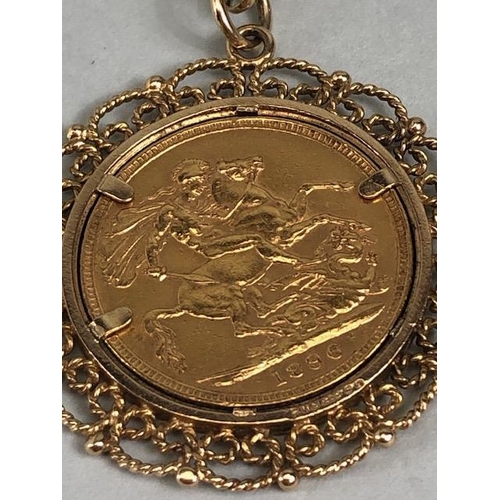 8 - Victorian full gold sovereign,1896, in a 9ct gold filagree mount, with chain (approximate weight of ... 