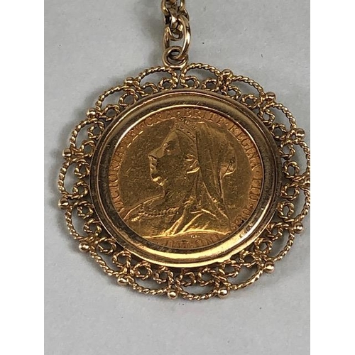 8 - Victorian full gold sovereign,1896, in a 9ct gold filagree mount, with chain (approximate weight of ... 