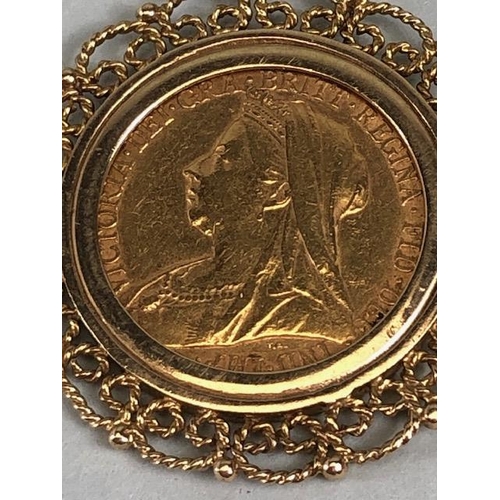 8 - Victorian full gold sovereign,1896, in a 9ct gold filagree mount, with chain (approximate weight of ... 