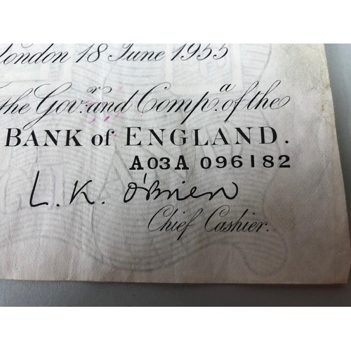 96 - British White Bank Of England £5.00 Note, L.K. O'Brien  Chief Cashier, Serial number A03A 096182 Lon... 