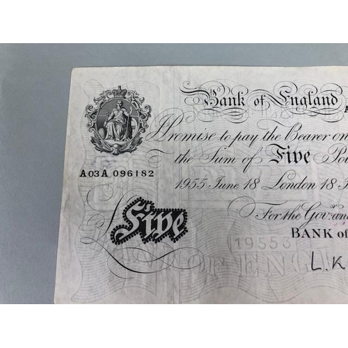 96 - British White Bank Of England £5.00 Note, L.K. O'Brien  Chief Cashier, Serial number A03A 096182 Lon... 