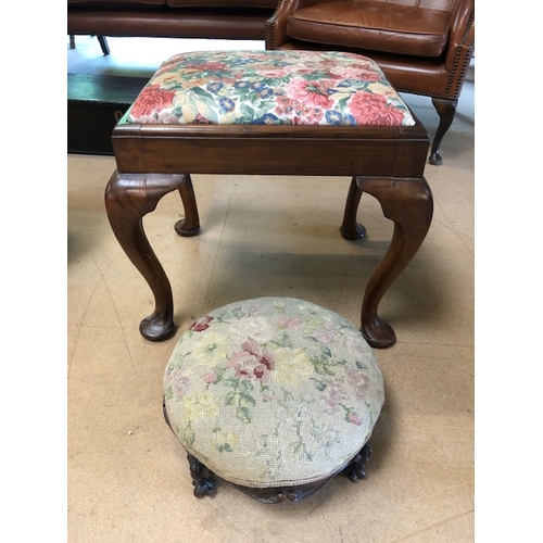 245 - Antique furniture, two Victorian style foot stools, one round dump style the other on cabriolet legs