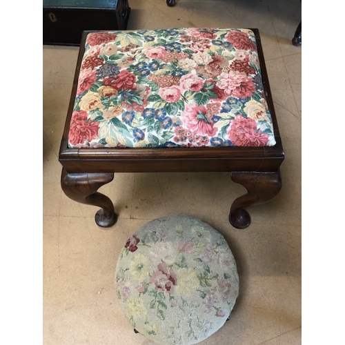 245 - Antique furniture, two Victorian style foot stools, one round dump style the other on cabriolet legs