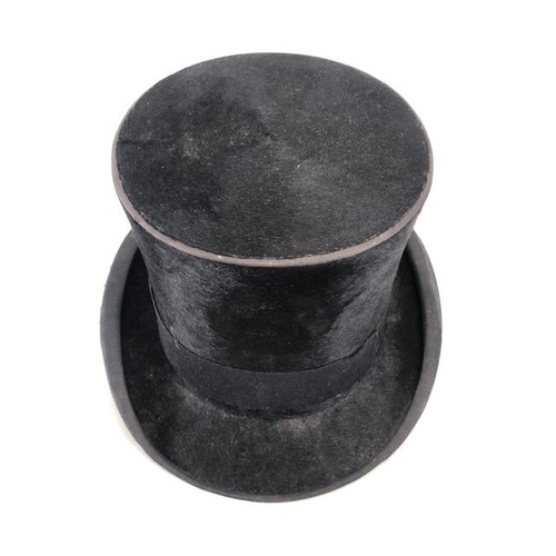 110 - Vintage clothing, Gentleman's black  silk moleskin top hat , Dunn and Co London, 6.5 cm across