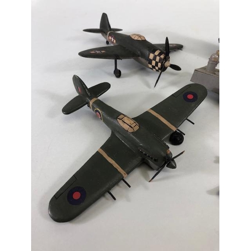 143 - Vintage toy and military interest, 2 war time scratch built carved fighter aircraft, a Royal Navy MT... 