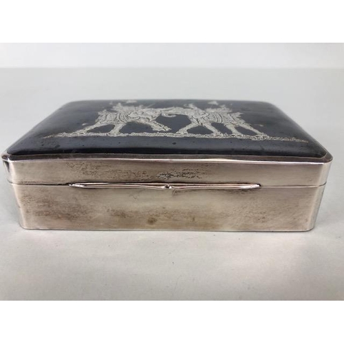 15 - Silver cigarette Box with Niello work fighting Elephants pictorial panel to lid, stamped to base Ste... 