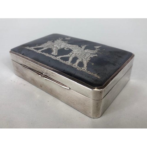 15 - Silver cigarette Box with Niello work fighting Elephants pictorial panel to lid, stamped to base Ste... 