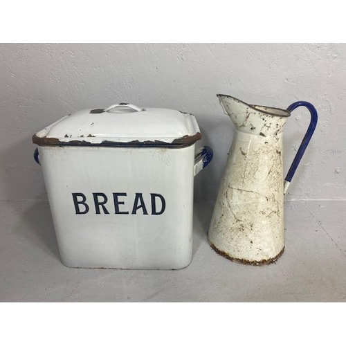 150 - Vintage Enamel ware, collection of items in white and blue, bread bin 2 bowls and a water pitcher