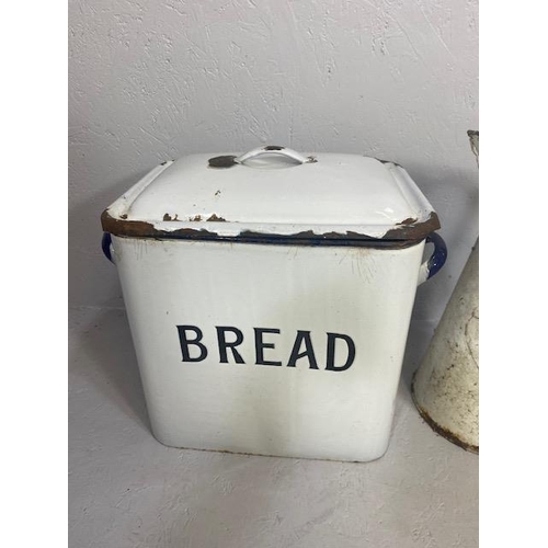 150 - Vintage Enamel ware, collection of items in white and blue, bread bin 2 bowls and a water pitcher