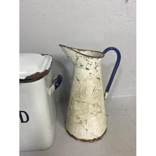 150 - Vintage Enamel ware, collection of items in white and blue, bread bin 2 bowls and a water pitcher