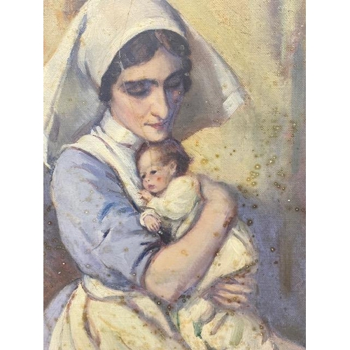 153 - Portrait in oil of a Nurse or mid wife  cradling a baby in her arms 1950s by Beryl Trist, gilt frame... 