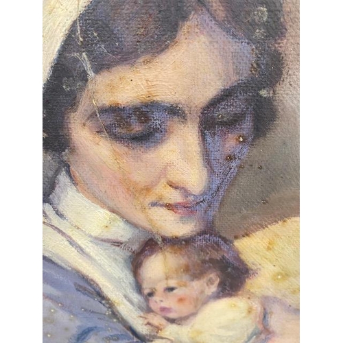 153 - Portrait in oil of a Nurse or mid wife  cradling a baby in her arms 1950s by Beryl Trist, gilt frame... 