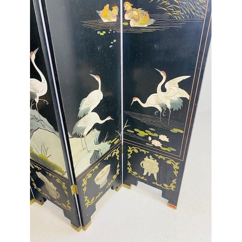 158 - Chinese four panel folding screen or room divider decorated with waterside scene, Cranes Lillie's, C... 