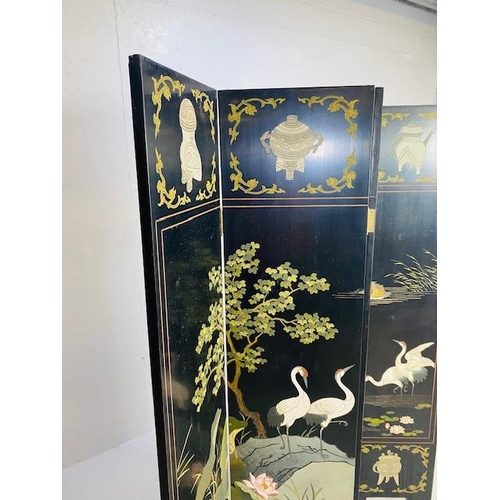 158 - Chinese four panel folding screen or room divider decorated with waterside scene, Cranes Lillie's, C... 