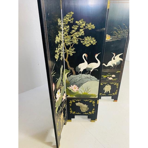 158 - Chinese four panel folding screen or room divider decorated with waterside scene, Cranes Lillie's, C... 