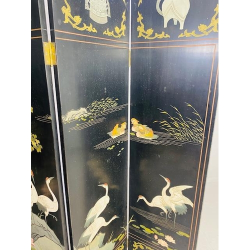 158 - Chinese four panel folding screen or room divider decorated with waterside scene, Cranes Lillie's, C... 