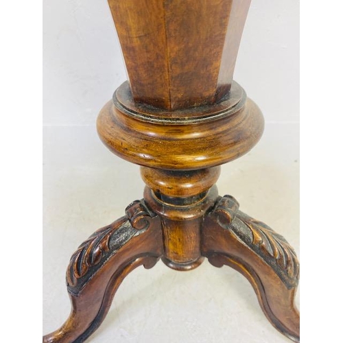 168 - Victorian sewing box on carved tripod legs, top opening to reveal storage compartments approx 71cm t... 