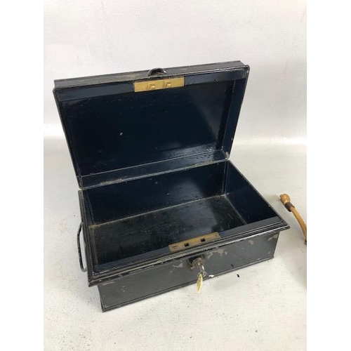 171 - Vintage tin cash box with key  and a brass wall mounted bell