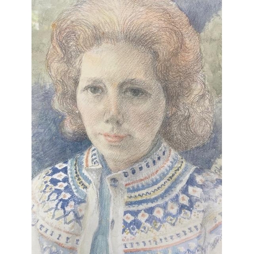 175 - Portrait drawing of a lady in colourful cardigan signed Beryl Newman, framed and glazed approximatel... 