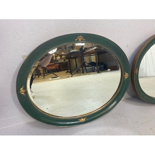 177 - Pair of Oval bevel edged mirror with green painted frame with gold gilt decoration approx 55 x 44cm