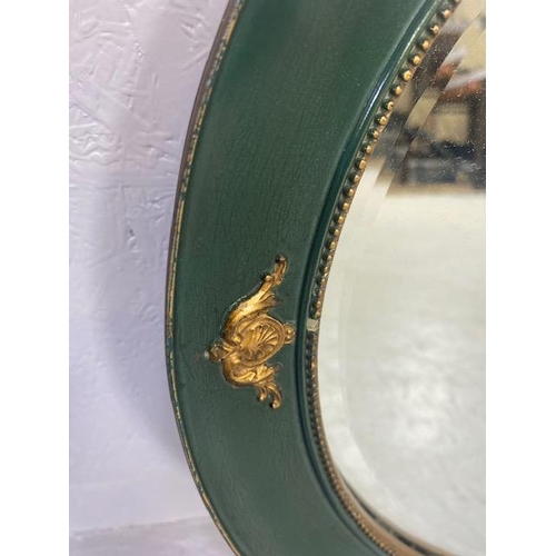 177 - Pair of Oval bevel edged mirror with green painted frame with gold gilt decoration approx 55 x 44cm