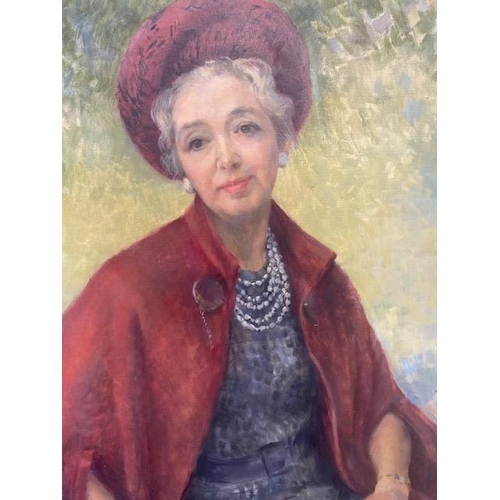 178 - Oil portrait of a lady in day coat and hat signed Beryl Newman, framed approximately 78 x 90 cm