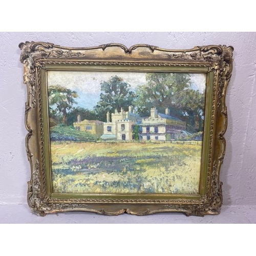 179 - Impressionist style painting  of a castellated building set in country side, framed and glazed appro... 