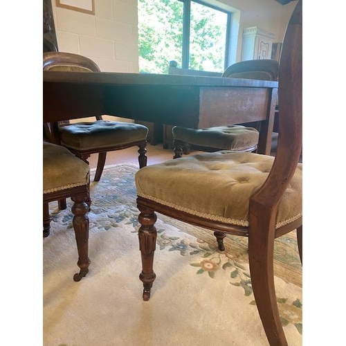 180 - Victorian folding dining table with four Victorian balloon backed chairs with button upholstered sea... 