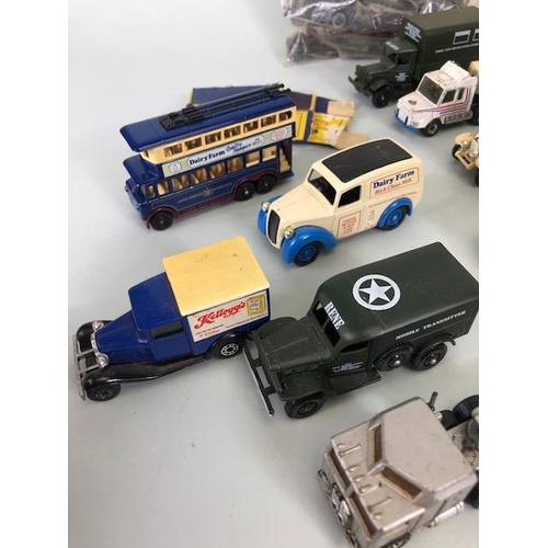 185 - Vintage play worn cars and trucks to include Matchbox, Lesney, Lledo, Corgi, Tankers, Only fools and... 