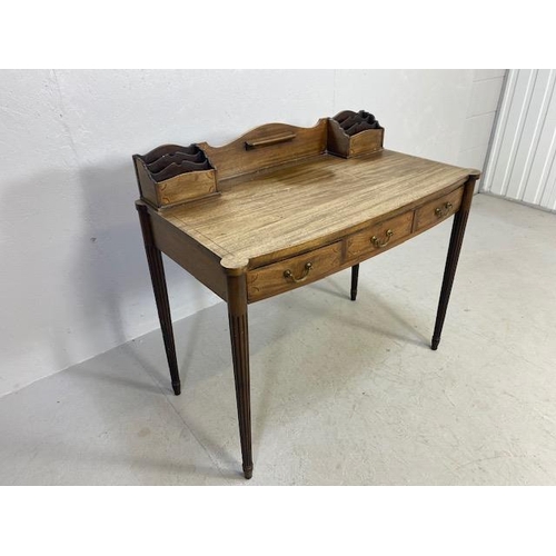 193 - Antique writing desk with inlay shell design, upstand with letter racks, three drawers on tapering f... 