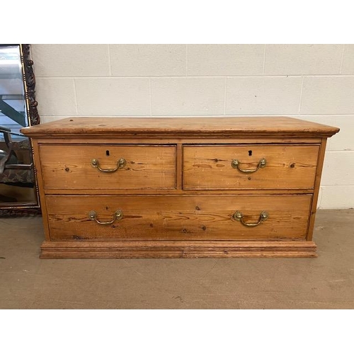 197 - Antique pine low chest of three drawers two short over one long with heavy brass handles approx 130 ... 