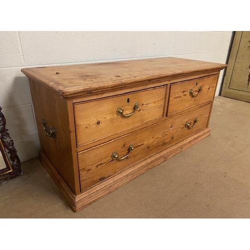 197 - Antique pine low chest of three drawers two short over one long with heavy brass handles approx 130 ... 