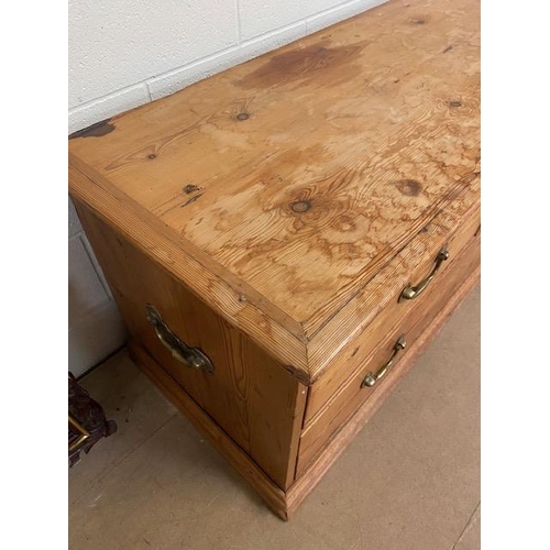 197 - Antique pine low chest of three drawers two short over one long with heavy brass handles approx 130 ... 