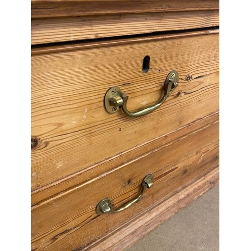 197 - Antique pine low chest of three drawers two short over one long with heavy brass handles approx 130 ... 