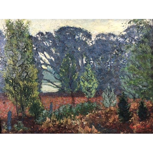 204 - Oil painting on board of a woodland sean signed Proudfoot 33,  approximately 52 x 42 cm total. (Jame... 