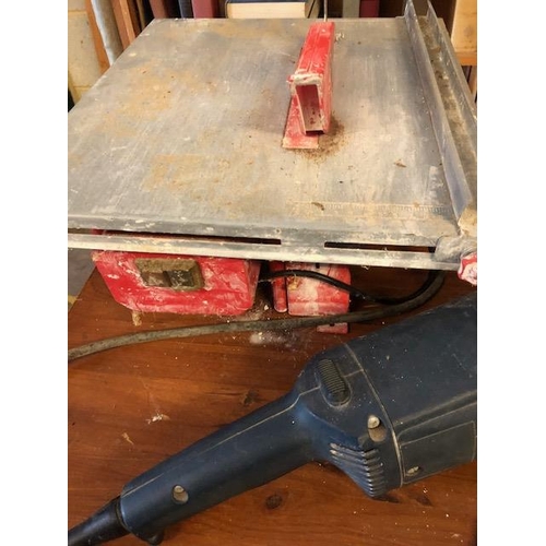 217 - Tools: Power tools to include a Tile cutter, angel Grinder by BOSCH, DeWALT circular saw and a Bench... 