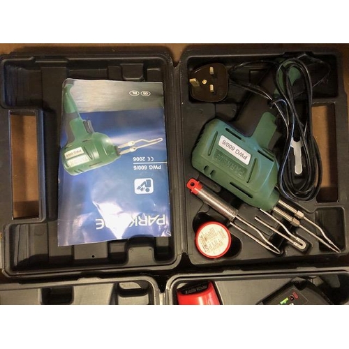 223 - Collection of boxed Power tools to include a BOSCH Router, Soldering kit, Drill sharpener etc