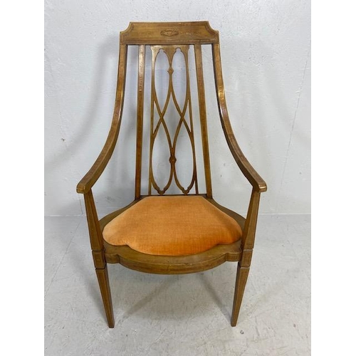 234 - Antique 19t century open work armed side chair, high back delicate slim frame with trefoil padded se... 