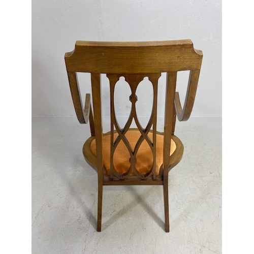 234 - Antique 19t century open work armed side chair, high back delicate slim frame with trefoil padded se... 