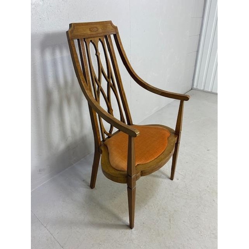 234 - Antique 19t century open work armed side chair, high back delicate slim frame with trefoil padded se... 