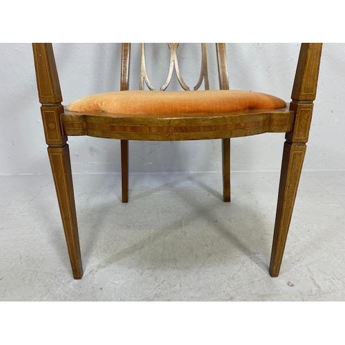 234 - Antique 19t century open work armed side chair, high back delicate slim frame with trefoil padded se... 