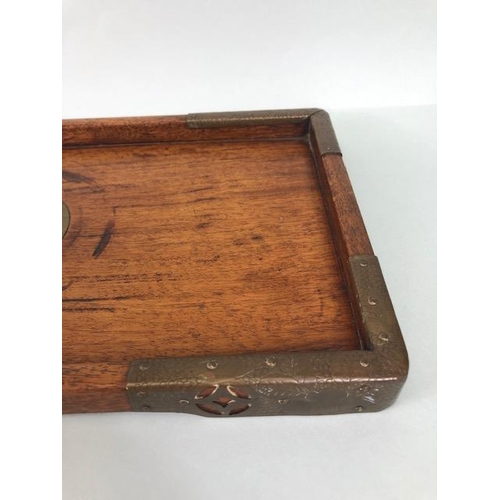 256 - Chinese style wooden tray with brass mounts and a three drawer lacquered jewellery box