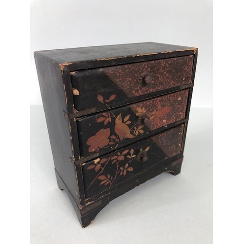 256 - Chinese style wooden tray with brass mounts and a three drawer lacquered jewellery box