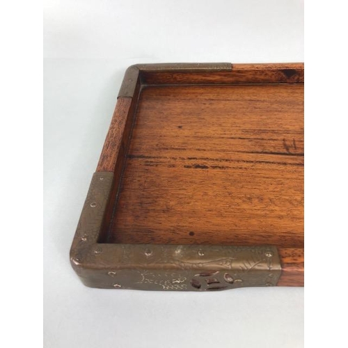 256 - Chinese style wooden tray with brass mounts and a three drawer lacquered jewellery box